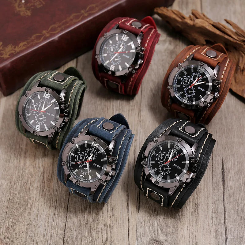 Vintage Hand Stitched Cowhide Watch Accessories Exaggerated Men Leather Bracelet