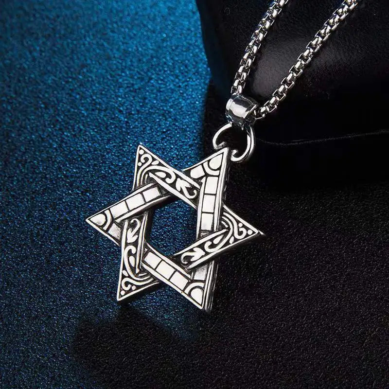 Vintage Hexagram Pendant Necklace Stainless Steel Box Chain Men's Jewelry