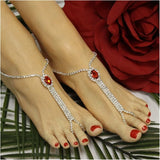Vintage Red Gem Crystal Point Ring Foot Chain Ladies Rhinestone Jewelry