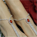 Vintage Red Gem Crystal Point Ring Foot Chain Ladies Rhinestone Jewelry