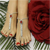 Vintage Red Gem Crystal Point Ring Foot Chain Ladies Rhinestone Jewelry