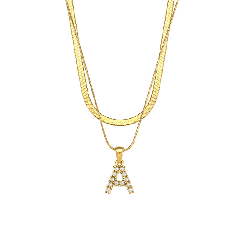Waterproof Stainless Steel 18K Plated Simulated Pearl Letter Necklace