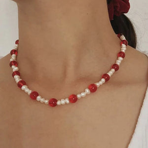 Red Natural Stone Beads Necklace Freshwater Choker for Wedding