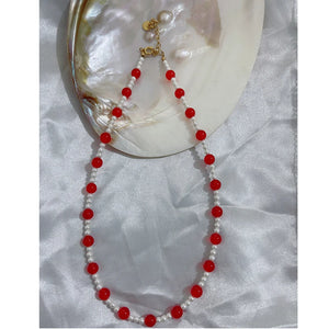 Red Natural Stone Beads Necklace Freshwater Choker for Wedding