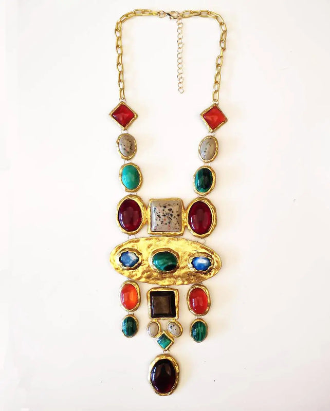 Colorful Resin Stone Pendant Necklace Ethnic Statement Maxi Long
