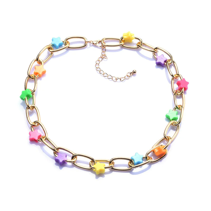 Metal Link Charm Necklace With Star Pendants Girls