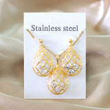 Water Drop Pendant Necklace and Earrings Set CZ Stainless Steel Jewelry