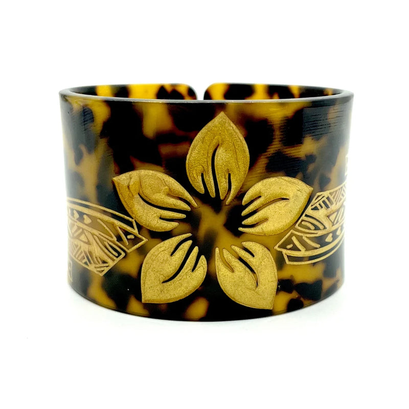 Acrylic Tortoise Shell Cuff Bracelet Bangle with Flower Carvings