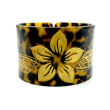 Acrylic Tortoise Shell Cuff Bracelet Bangle with Flower Carvings
