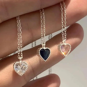 Sterling Silver Necklace Heart Pendant Blue/White/Pink Zircon Women Choker
