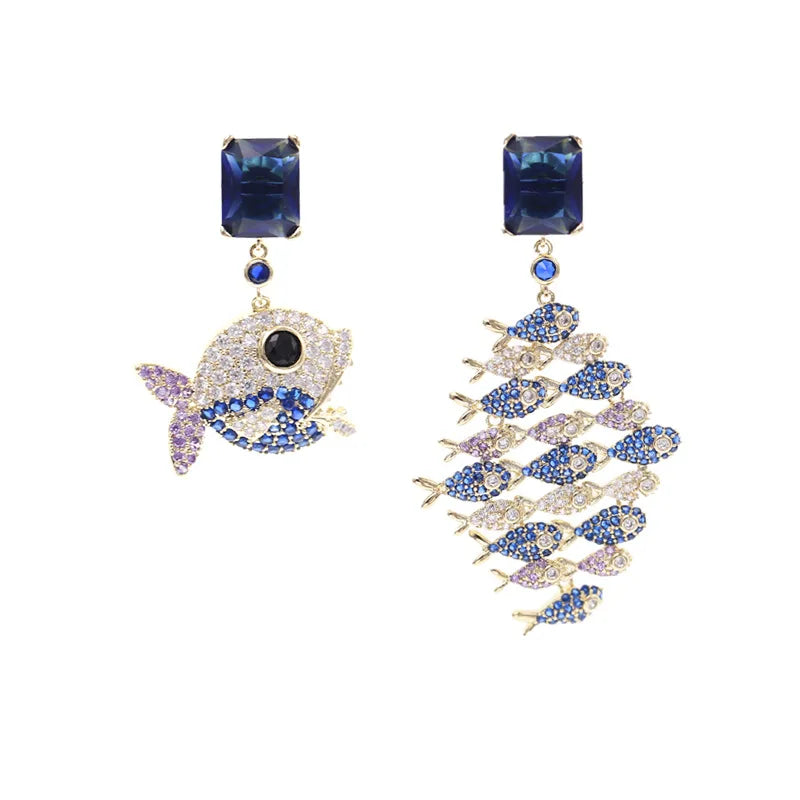 Fish Earrings 925 Silver Asymmetrical Drops Cockta Jewelry