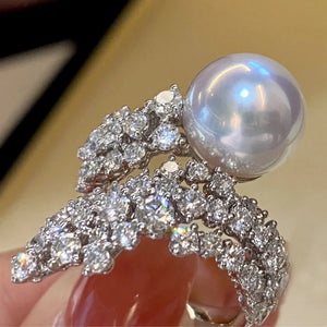 925 Silver Pearl Diamond Ring Wedding Band Promise Jewelry