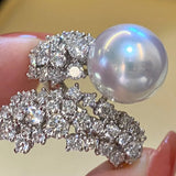 925 Silver Pearl Diamond Ring Wedding Band Promise Jewelry