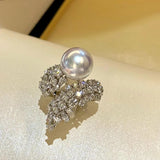 925 Silver Pearl Diamond Ring Wedding Band Promise Jewelry