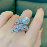 925 Silver Pearl Diamond Ring Wedding Band Promise Jewelry