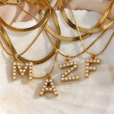 Personalized Pearl Zircon Stone Letter Charm Herringbone Chain Bracelet