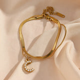 Personalized Pearl Zircon Stone Letter Charm Herringbone Chain Bracelet