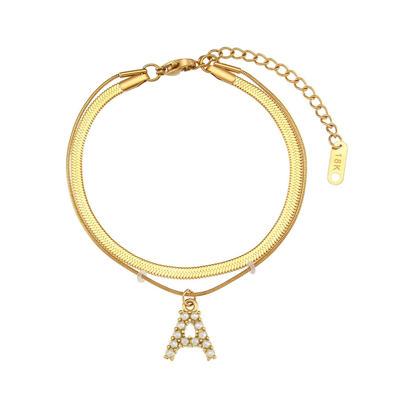 Personalized Pearl Zircon Stone Letter Charm Herringbone Chain Bracelet