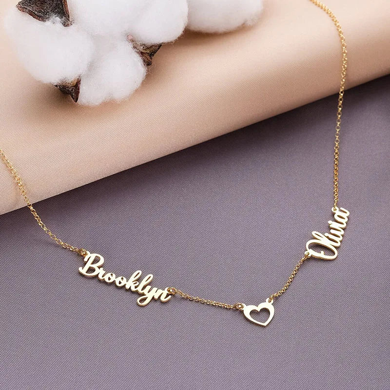 Personalized Two Name Necklace Stainless Steel Pendant Heart Dainty Mother Gift
