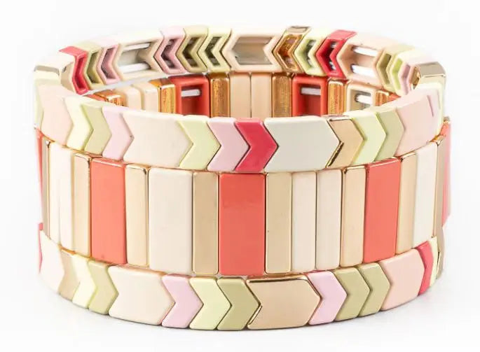 Rainbow Bracelet Women Enamel Tile Alloy Beaded Stackable Elasticity Bangles