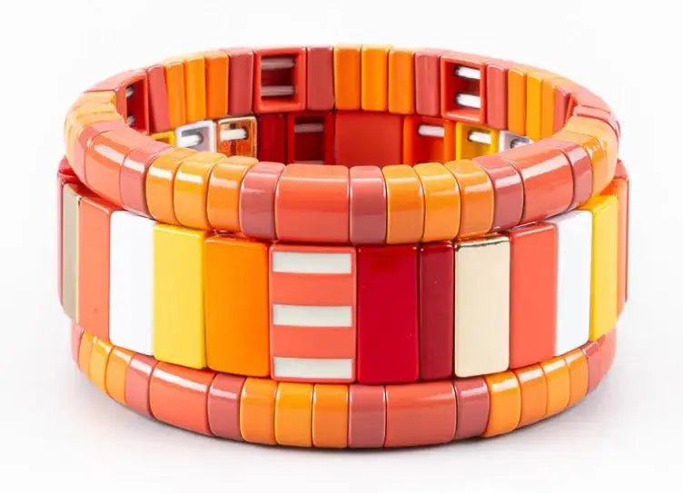 Rainbow Bracelet Enamel Tile Alloy Beaded Stackable Elasticity Bangles
