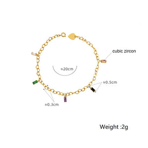 CZ Baguette Heart Charm Bracelet PVD Plated Stainless Steel