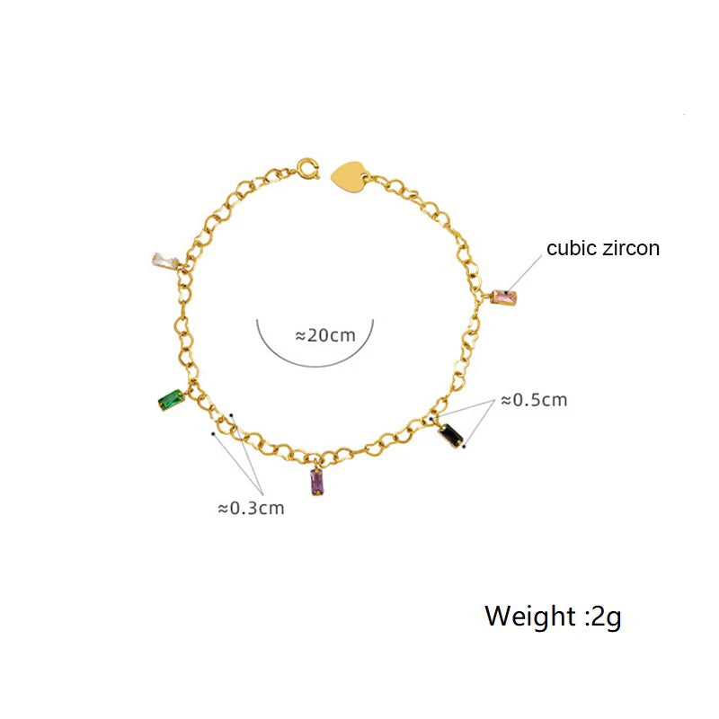 CZ Baguette Heart Charm Bracelet PVD Plated Stainless Steel