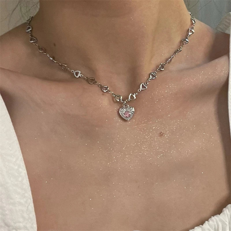 Goth Pink Heart Pendant Necklace Y2K Charm Choker