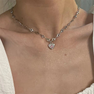 Goth Pink Heart Pendant Necklace Y2K Charm Choker
