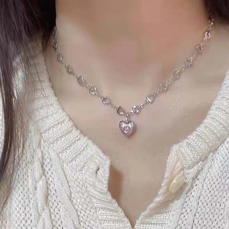 Goth Pink Heart Pendant Necklace Y2K Charm Choker