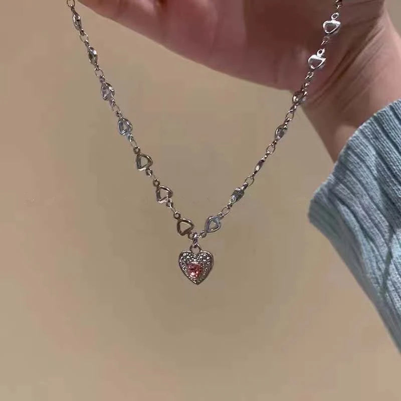 Goth Pink Heart Pendant Necklace Y2K Charm Choker
