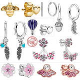 925 Silver Bee Flowers Feather Zircon Heart Earrings