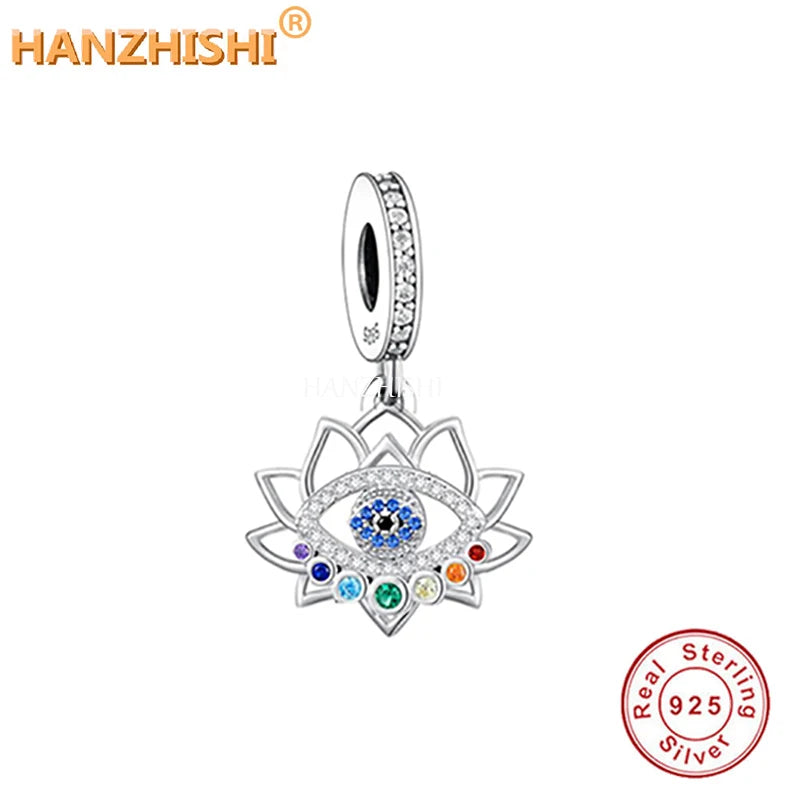 925 Silver Zircon Flower Eye Dangle Charm Beads Bracelet Necklace Gift