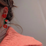 Red Flower Beaded Earrings Contrast Tassel Earrings