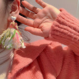 Red Flower Beaded Earrings Contrast Tassel Earrings