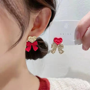 Red Love Bow High-end Earrings Female Temperament and Fashionable Earrings