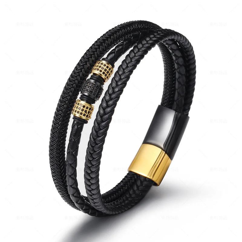 Men's Leather Titanium Bracelet with Zircon Stainless Steel Magnetic Buckle