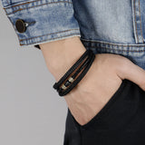 Men's Leather Titanium Bracelet with Zircon Stainless Steel Magnetic Buckle