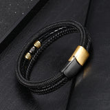 Men's Leather Titanium Bracelet with Zircon Stainless Steel Magnetic Buckle