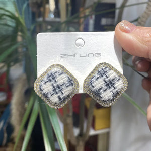 Houndstooth Fabric Square Earrings S925 Silver Needle Earrings