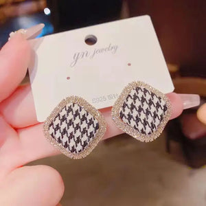 Houndstooth Fabric Square Earrings S925 Silver Needle Earrings