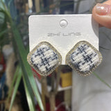 Houndstooth Fabric Square Earrings S925 Silver Needle Earrings