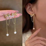 S925 French Pearl Bow Earrings Tassel Long Earrings Sale