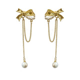 S925 French Pearl Bow Earrings Tassel Long Earrings Sale