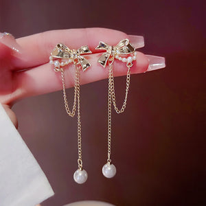 S925 French Pearl Bow Earrings Tassel Long Earrings Sale