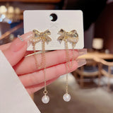 S925 French Pearl Bow Earrings Tassel Long Earrings Sale