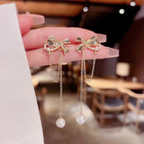 S925 French Pearl Bow Earrings Tassel Long Earrings Sale