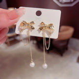 S925 French Pearl Bow Earrings Tassel Long Earrings Sale