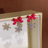 S925 Silver Needle Red Bow Snowflake Stud Earrings Retro Earrings Women