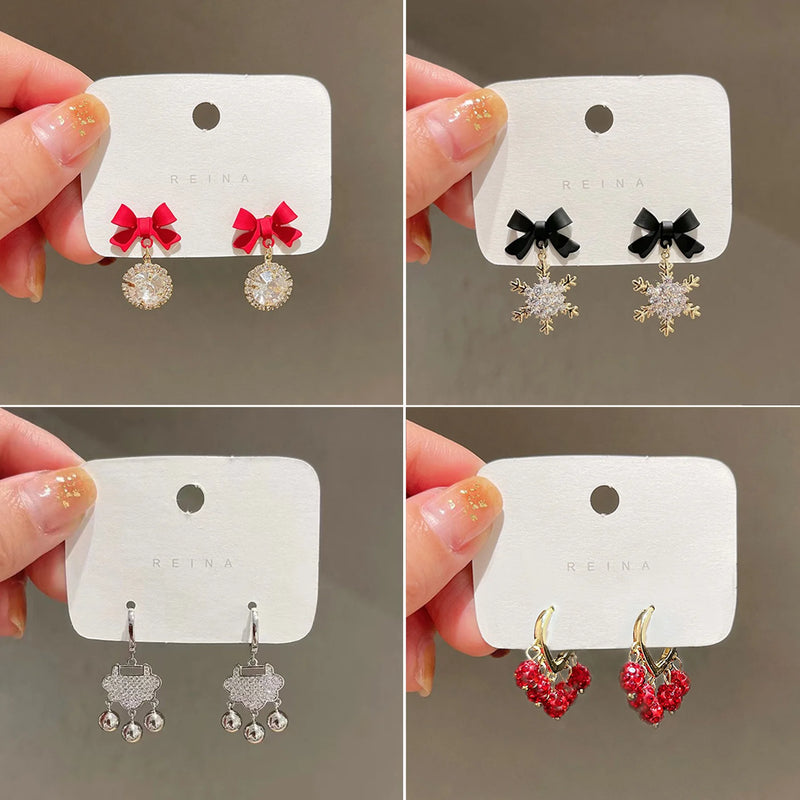 S925 Silver Needle Red Bow Snowflake Stud Earrings Retro Earrings Women